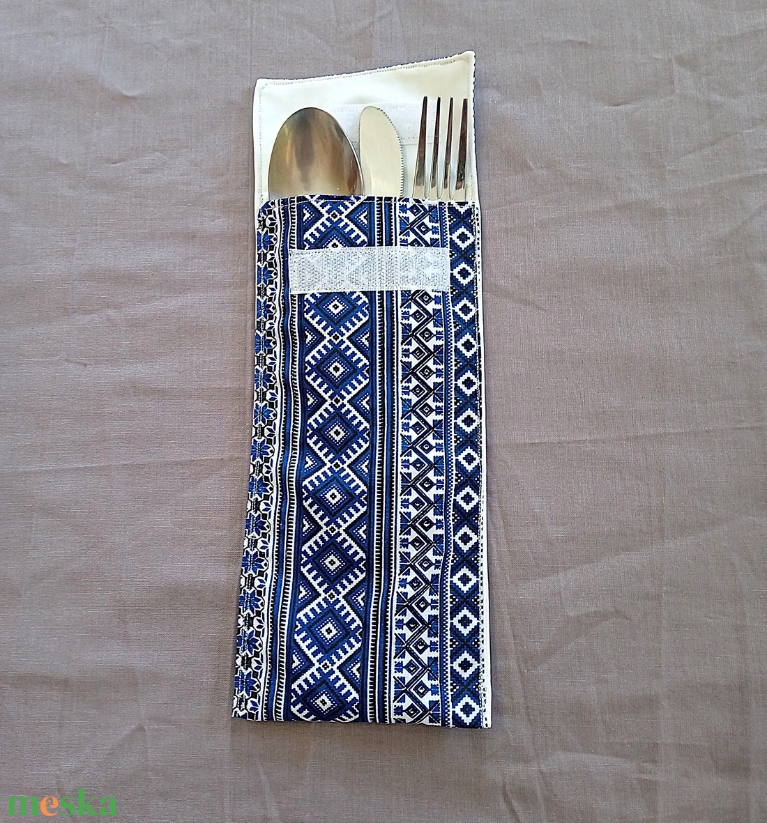 Evőeszköz tartó tok - kék geometria /azték/ mintás - táska & tok - uzsonna- & ebéd tartó - evőeszköz tartó - Meska.hu