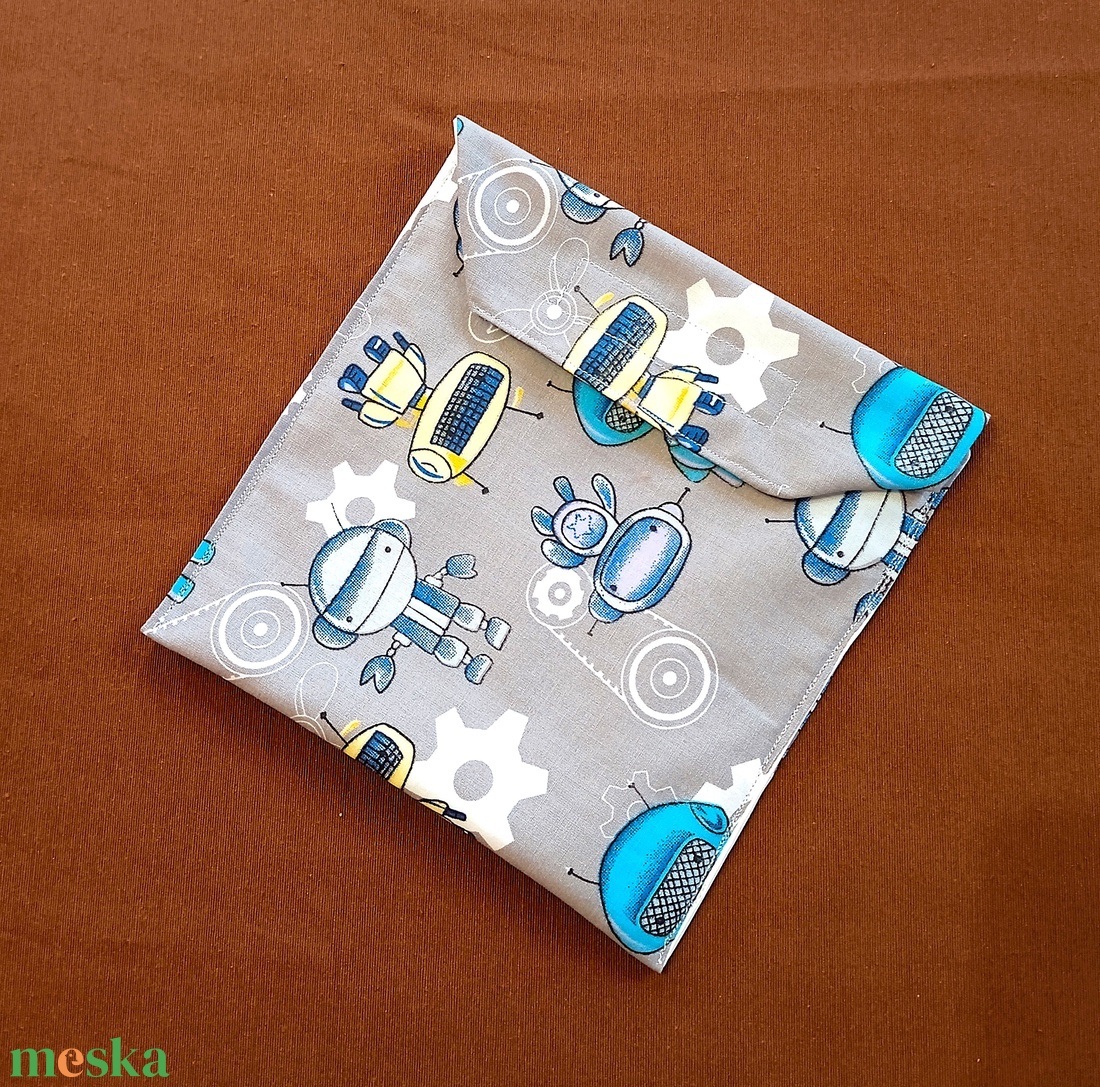 Tépőzáras snackbag,  uzsonnatasak, szendvics tartó - szürke alapon robotok - táska & tok - bevásárlás & shopper táska - kenyeres zsák - Meska.hu