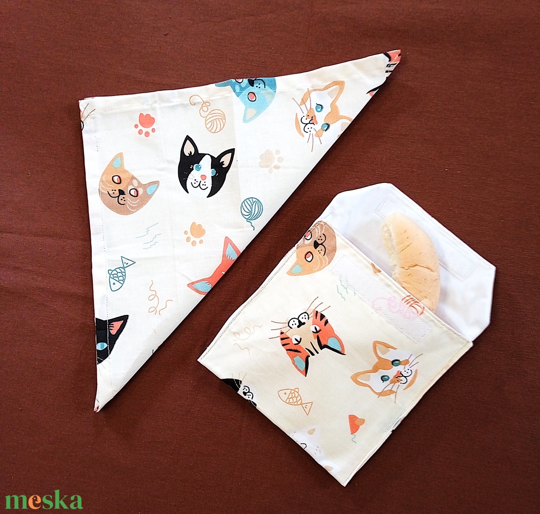  Snack bag szett textil szalvétával - vidám cicafejek - táska & tok - uzsonna- & ebéd tartó - szendvics csomagoló - Meska.hu