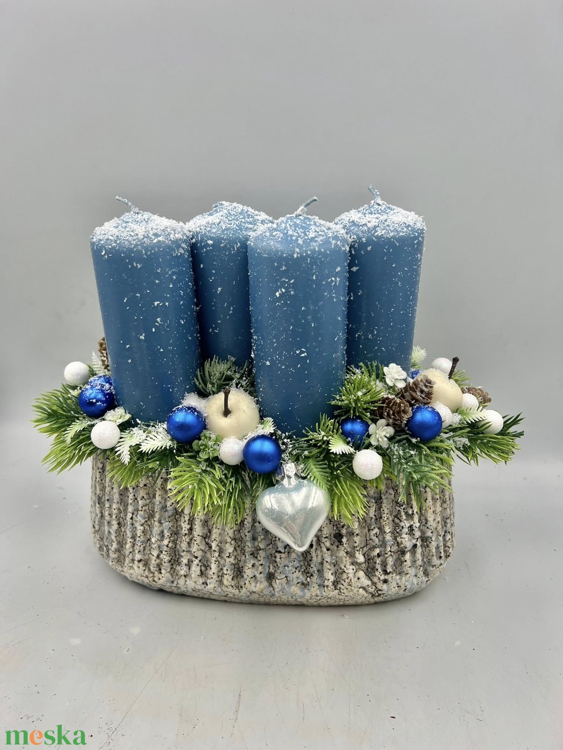 Kékgyertyás Adventi Dekor  Kerámia Kaspóban - karácsony - adventi díszek - adventi asztaldísz - Meska.hu