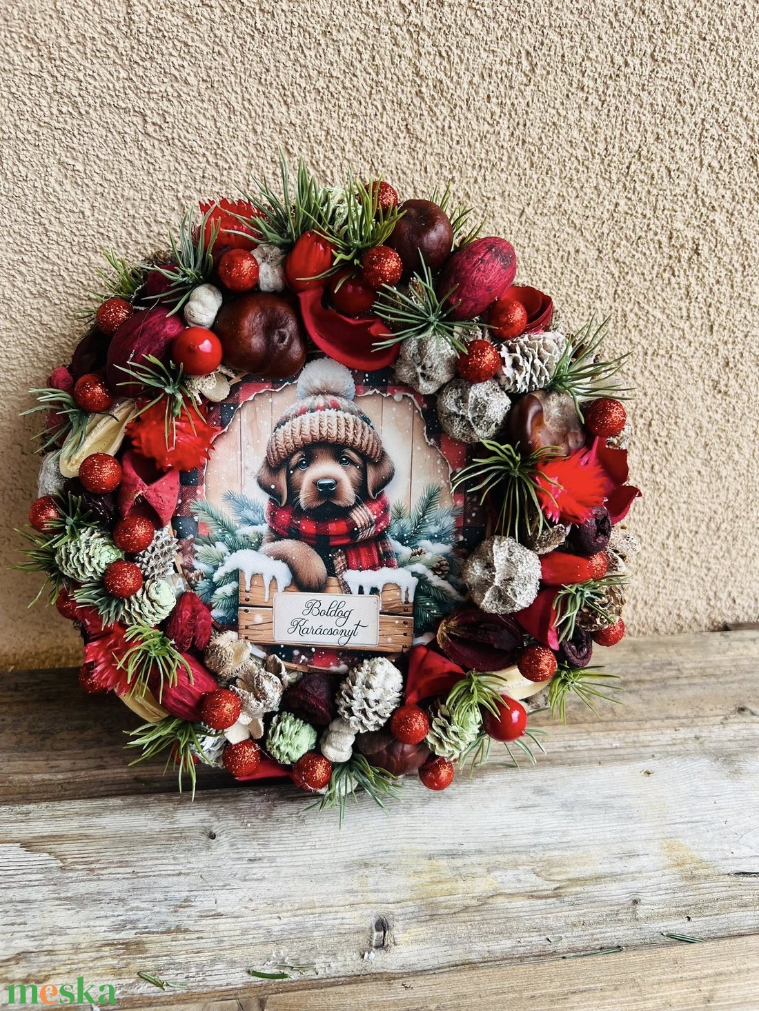 Karácsonyi Kutyás Ajtódísz  24 cm - karácsony - adventi díszek - adventi ajtódísz - Meska.hu