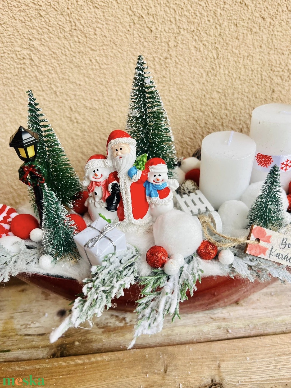 Piros Csónak  35 cm-es adventi dísz hóemberes dekorral és fehér gyertyákkal - karácsony - adventi díszek - adventi asztaldísz - Meska.hu