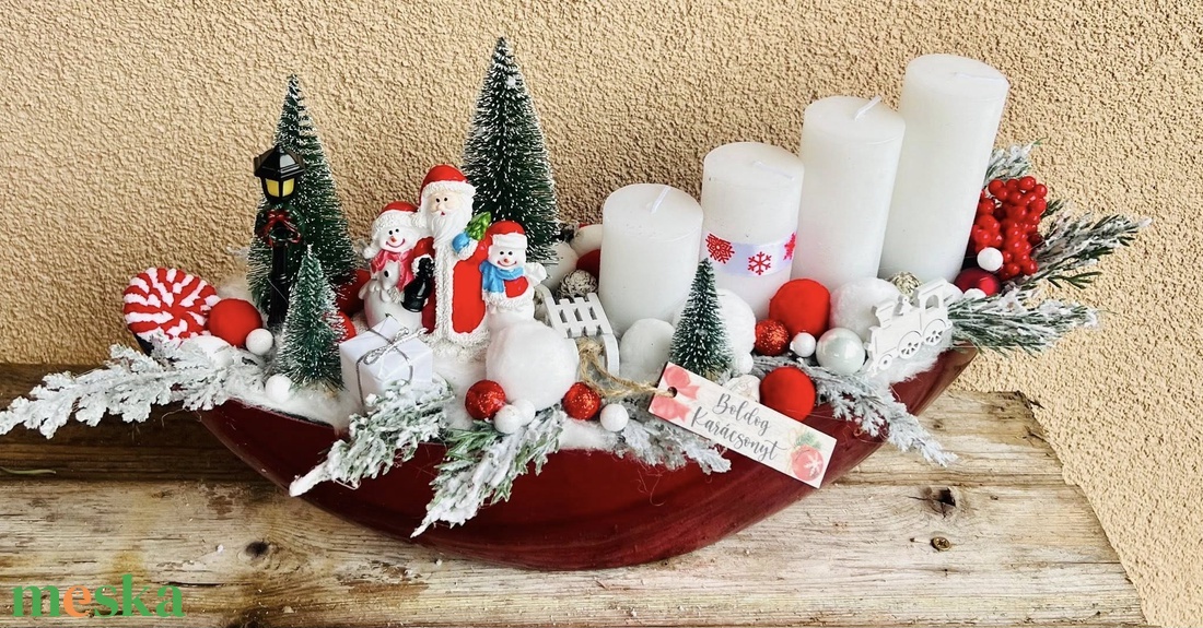 Piros Csónak  35 cm-es adventi dísz hóemberes dekorral és fehér gyertyákkal - karácsony - adventi díszek - adventi asztaldísz - Meska.hu