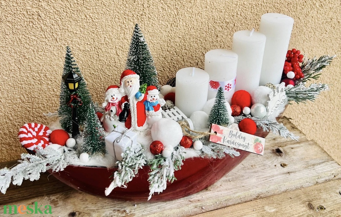 Piros Csónak  35 cm-es adventi dísz hóemberes dekorral és fehér gyertyákkal - karácsony - adventi díszek - adventi asztaldísz - Meska.hu