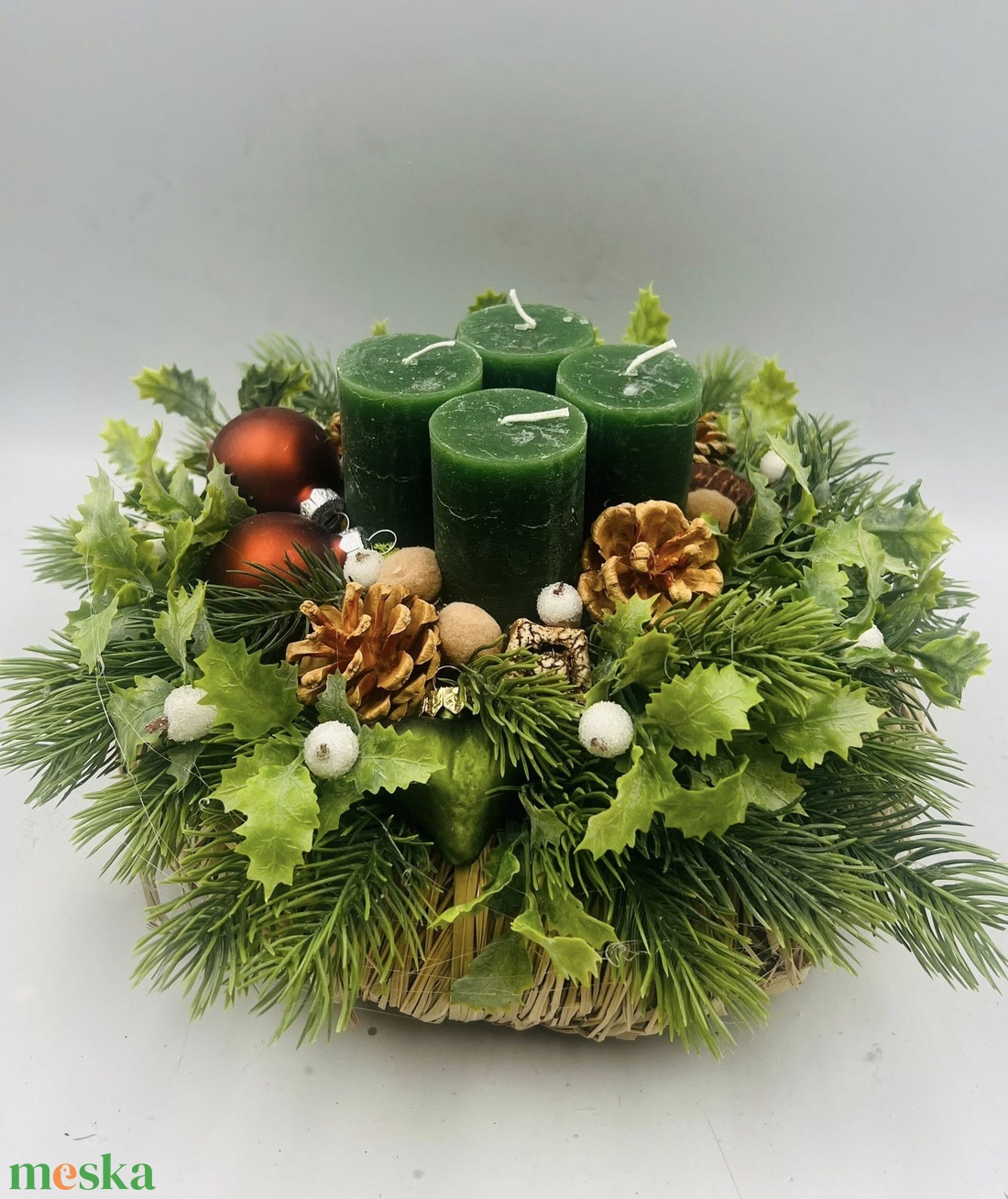 Különleges adventi dísz vessző alapon � 4 db zöld gyertyával - karácsony - adventi díszek - adventi asztaldísz - Meska.hu