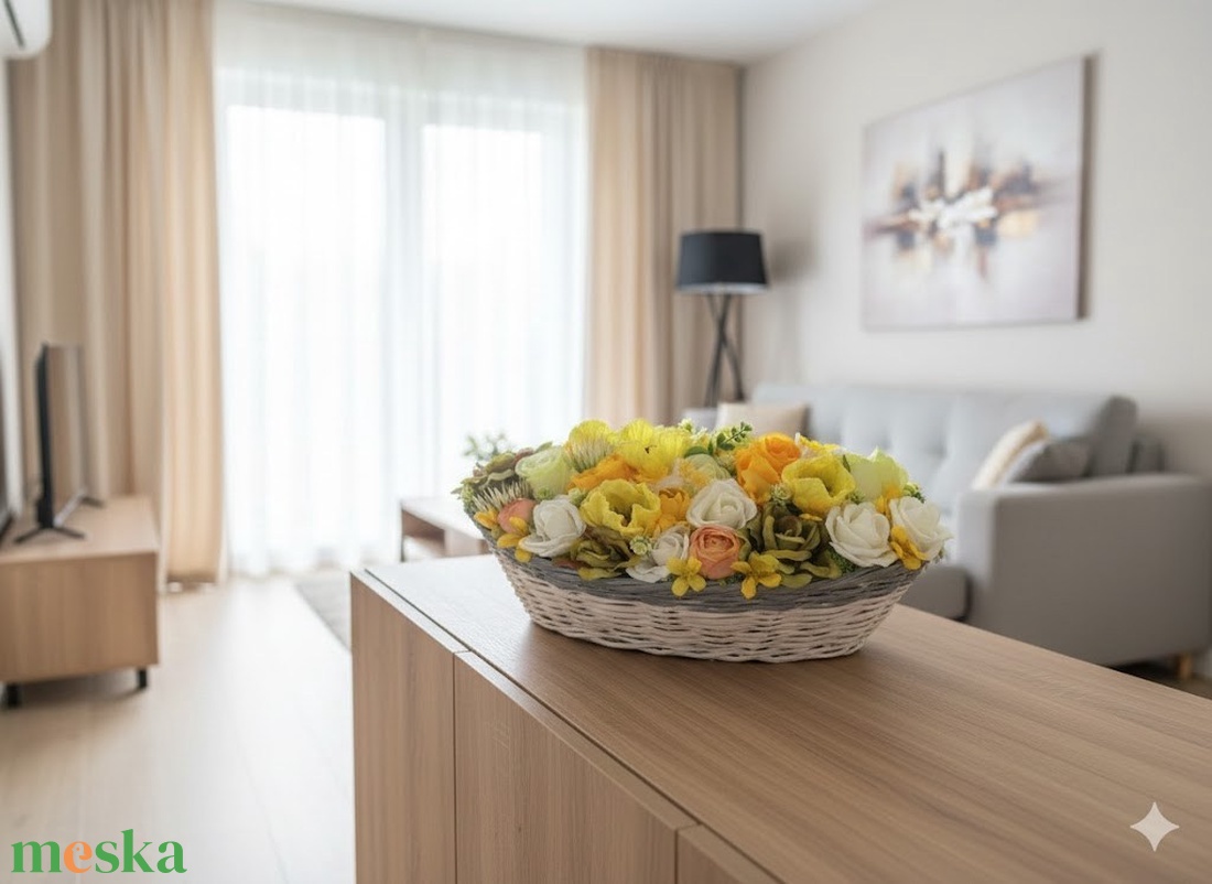 Vesszőládás Asztaldísz � 40 cm, Üde Sárga�Zöld�Fehér Virágokkal - otthon & életmód - virágdekoráció - virágdíszek - asztali virágdísz - Meska.hu