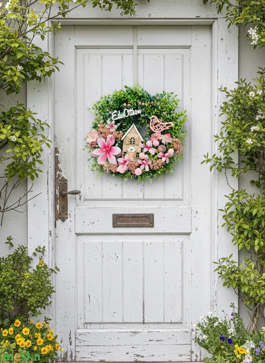 30 cm-es műzöld ajtódísz � házikóval, madárral és Édes otthon felirattal, rózsaszín díszítéssel - otthon & életmód - dekoráció - ajtó- és ablak dekoráció - ajtódísz & kopogtató - Meska.hu