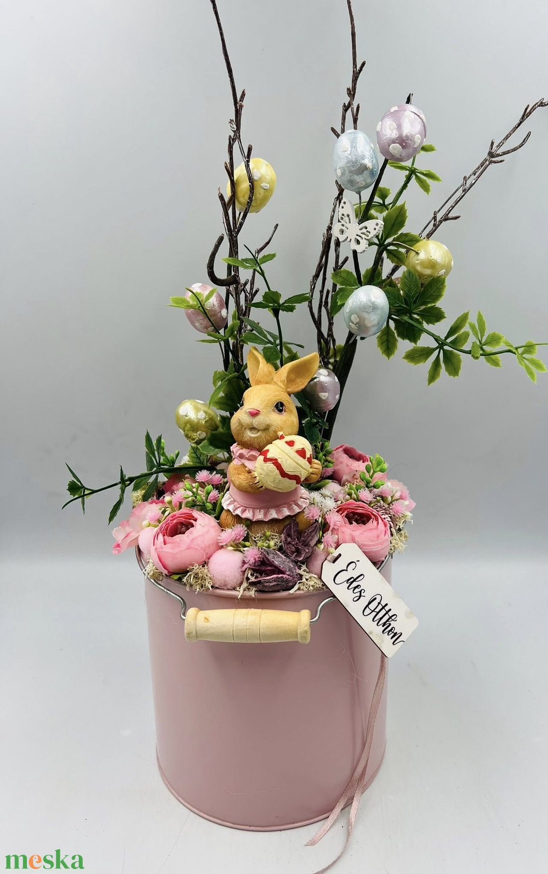 Nyuszis tavaszi asztaldísz rózsaszín bádog kaspóban � kb. 30 cm - otthon & életmód - dekoráció - asztal és polc dekoráció - asztaldísz - Meska.hu