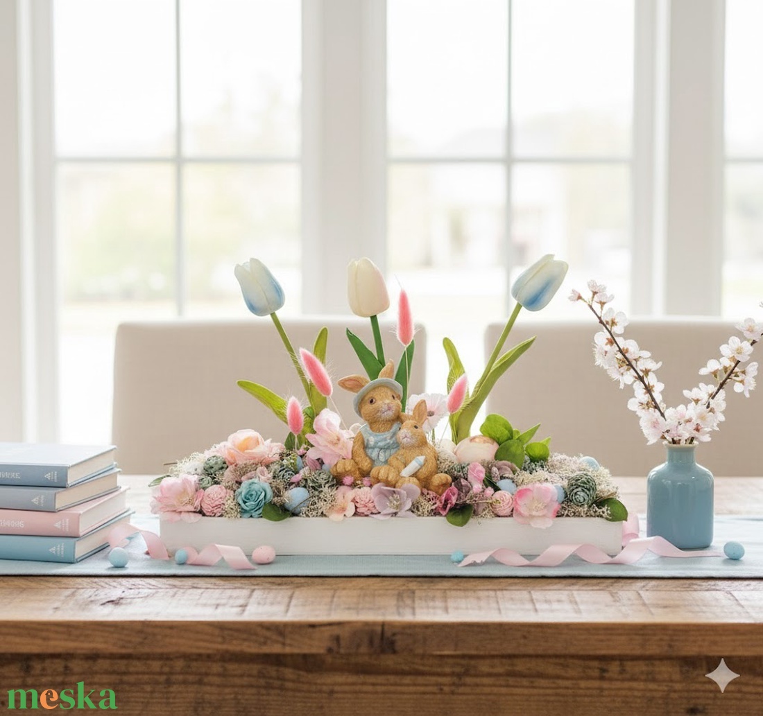 35 cm fa tálcán elhelyezett húsvéti asztaldísz � anya nyuszi kicsinyével (kék�rózsaszín) - otthon & életmód - dekoráció - húsvéti asztaldíszek - Meska.hu