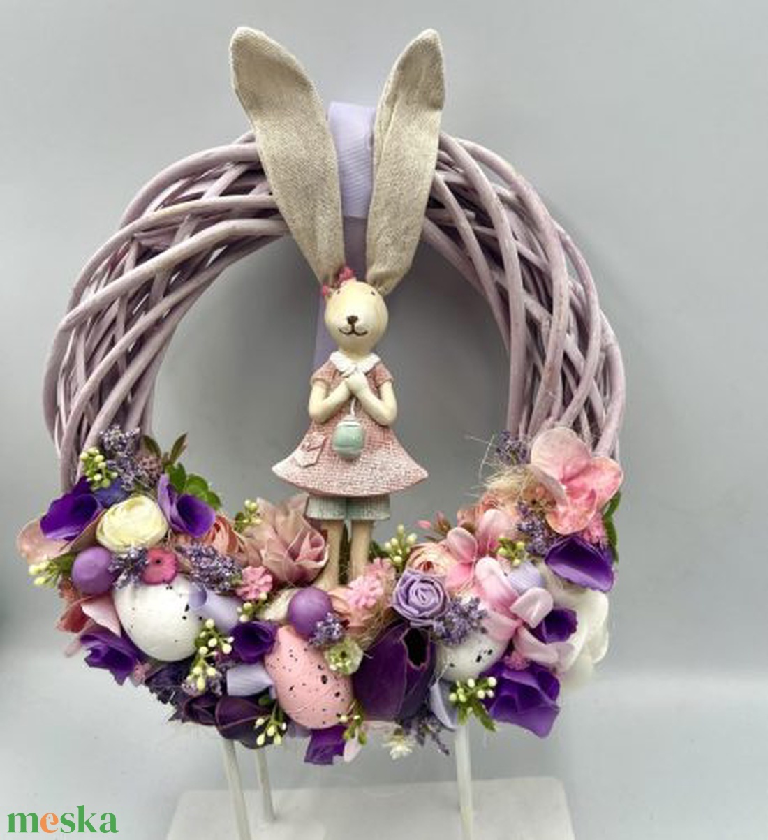 Vessző alapos ajtódísz húsvéti nyuszival, lila�rózsaszín, kb. 25 cm - otthon & életmód - dekoráció - ajtó- és ablak dekoráció - ajtódísz & kopogtató - Meska.hu