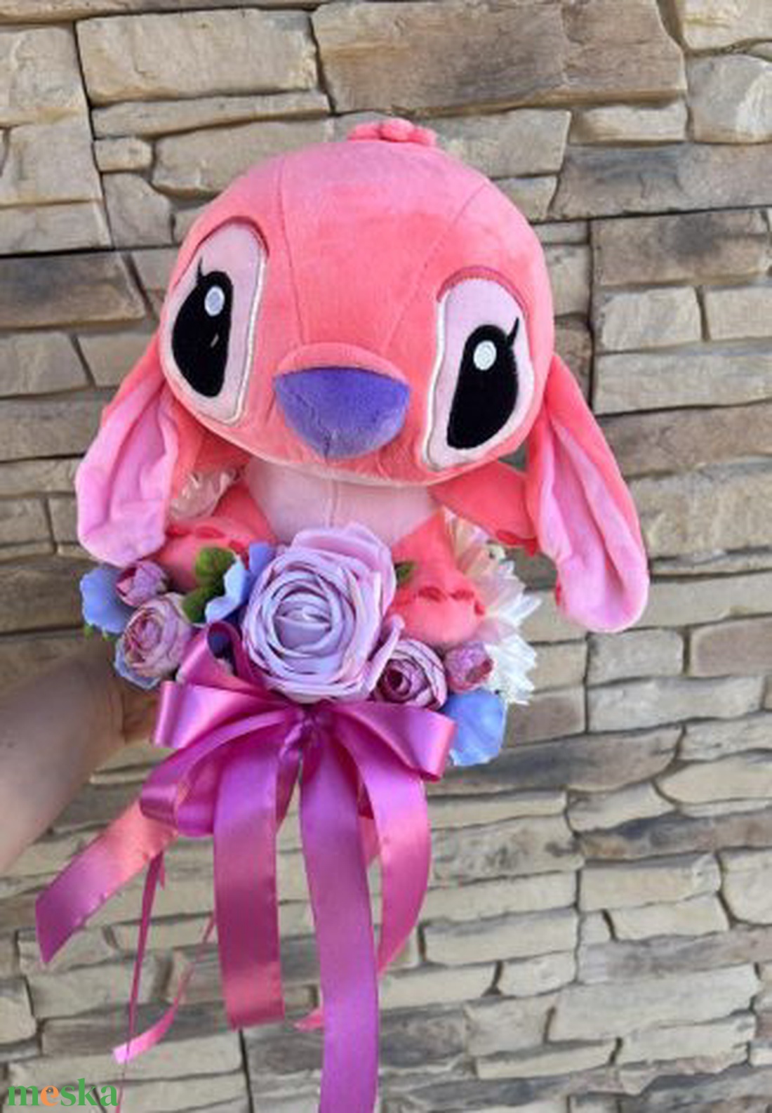 Stich ballagási csokor-rózsaszín plüssel rózsaszín - otthon & életmód - virágdekoráció - virágok - virágcsokor - Meska.hu