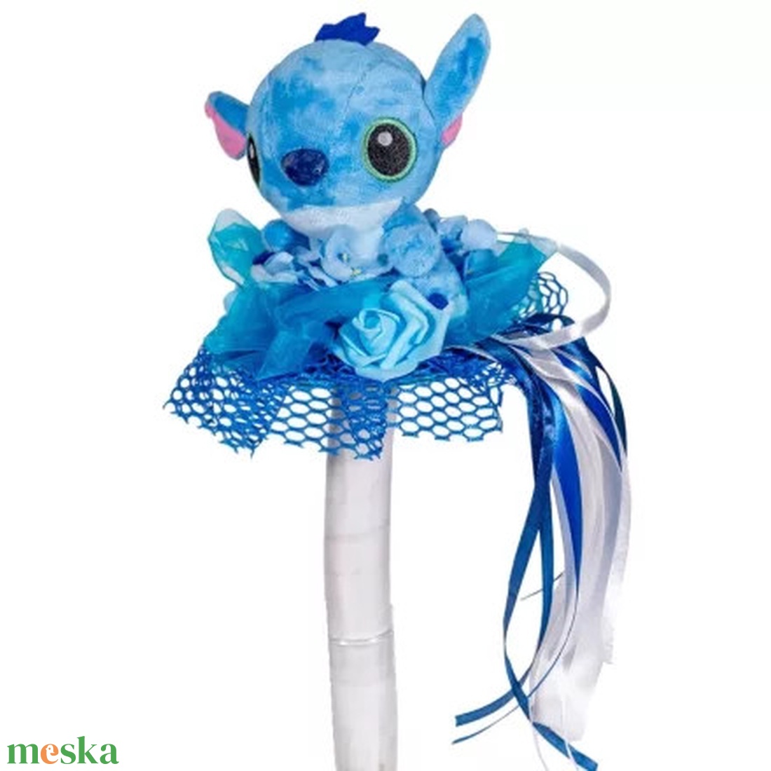 Ballagási csokor Stitch kék alapon 35 cm - otthon & életmód - virágdekoráció - virágok - virágcsokor - Meska.hu