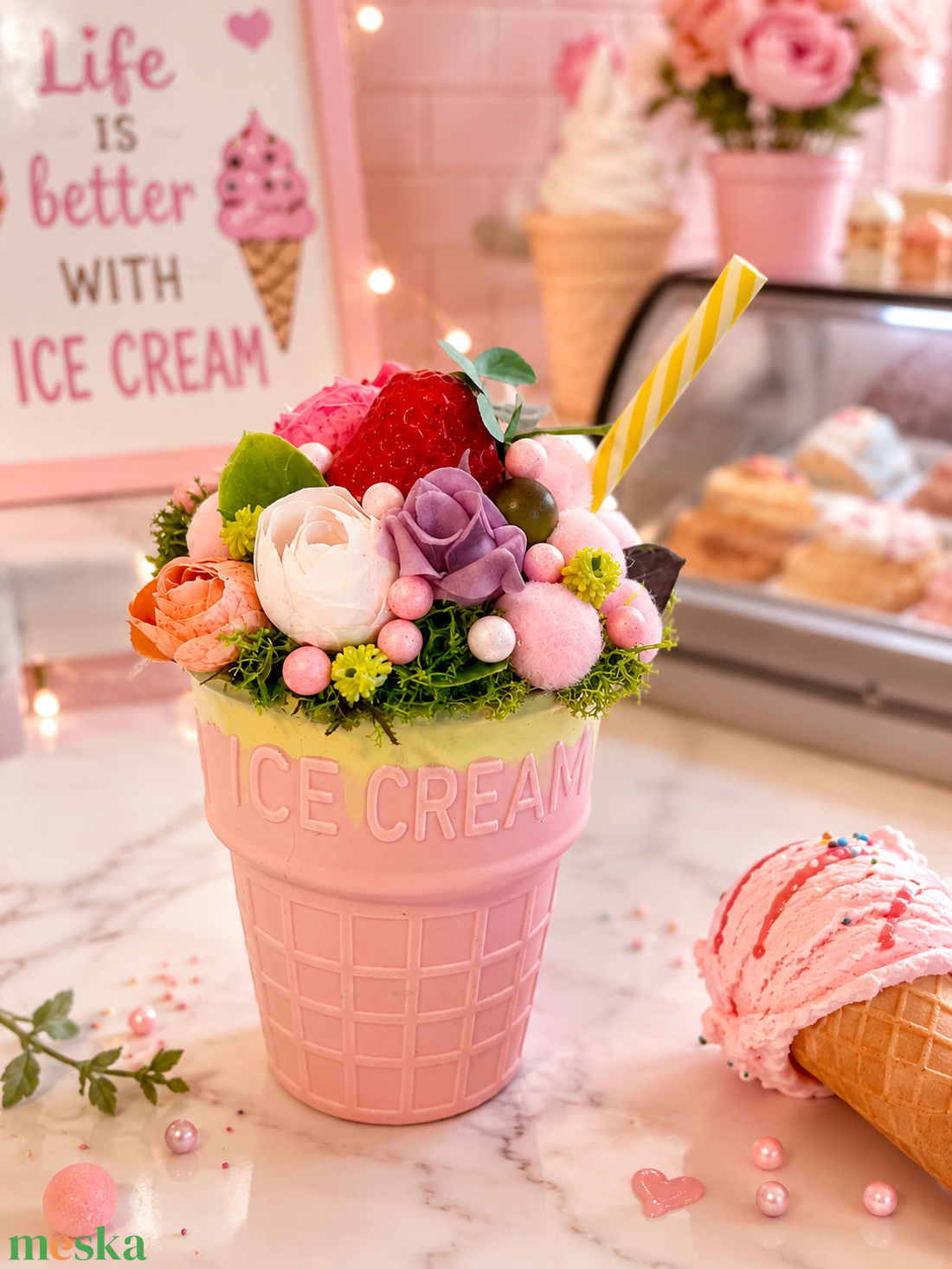Fagylaltos virágkompozíció kaspóban � 19 cm � rózsaszín Ice Cream dekoráció (.1) - otthon & életmód - dekoráció - asztal és polc dekoráció - asztaldísz - Meska.hu