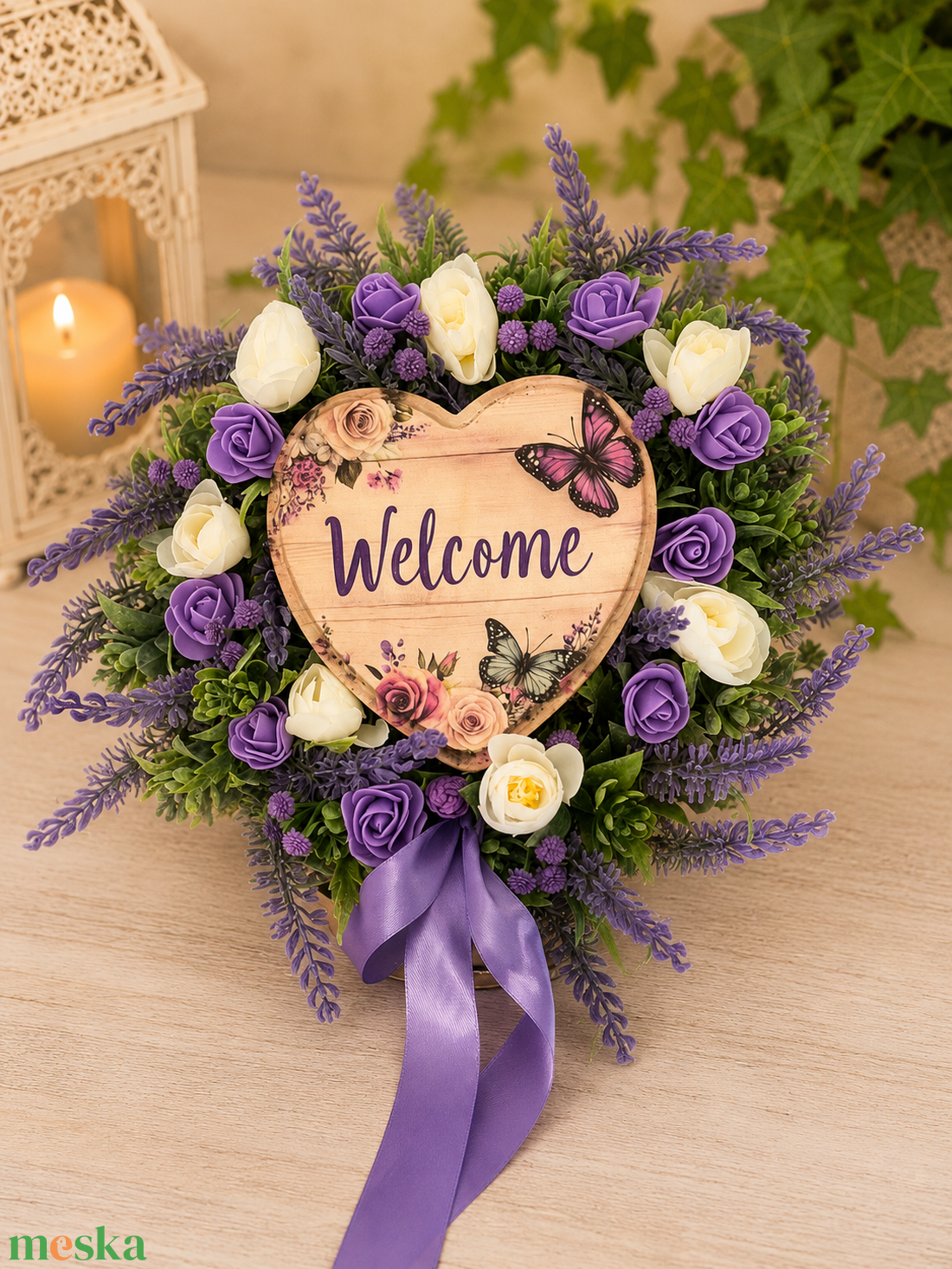 Welcome levendulás ajtódísz szív táblával � 30 cm-es bejárati dekoráció - otthon & életmód - dekoráció - ajtó- és ablak dekoráció - ajtódísz & kopogtató - Meska.hu