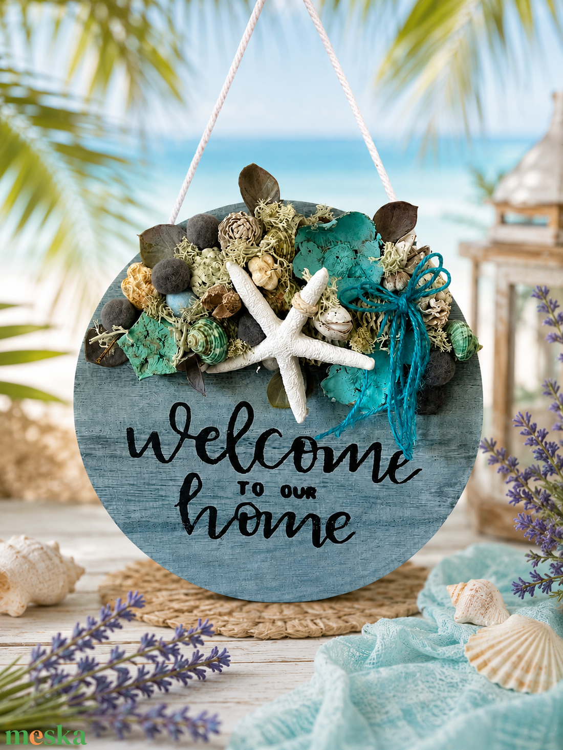 Tengerparti ajtó- és falidísz 25 cm fa alapon � Welcome to Our Home dekor kagylókkal és csillaghallal - otthon & életmód - dekoráció - ajtó- és ablak dekoráció - ajtódísz & kopogtató - Meska.hu