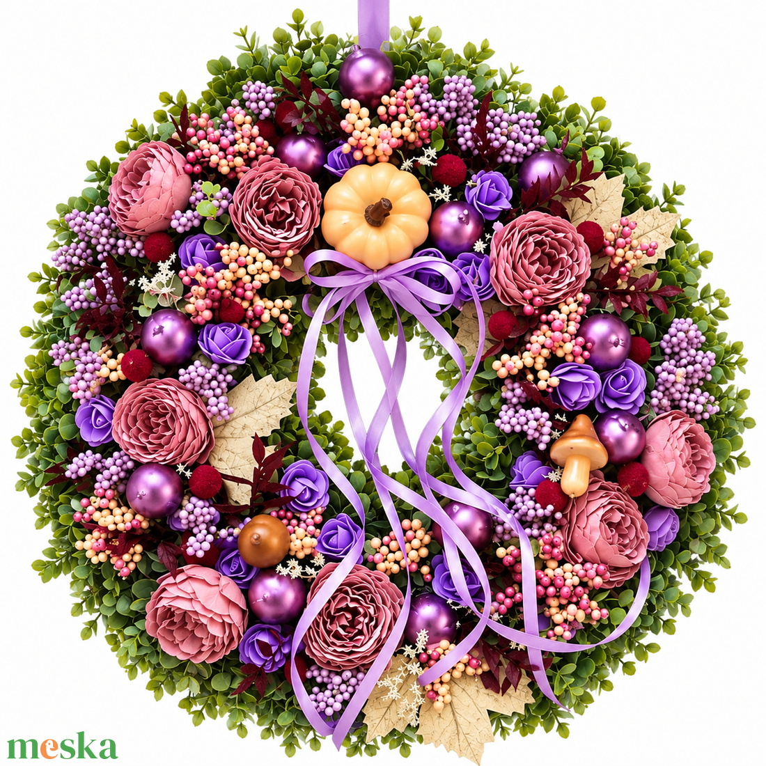 45 cm-es őszi ajtódísz műzöld alappal � elegáns lila-rózsaszín dekoráció - otthon & életmód - dekoráció - ajtó- és ablak dekoráció - ajtódísz & kopogtató - Meska.hu