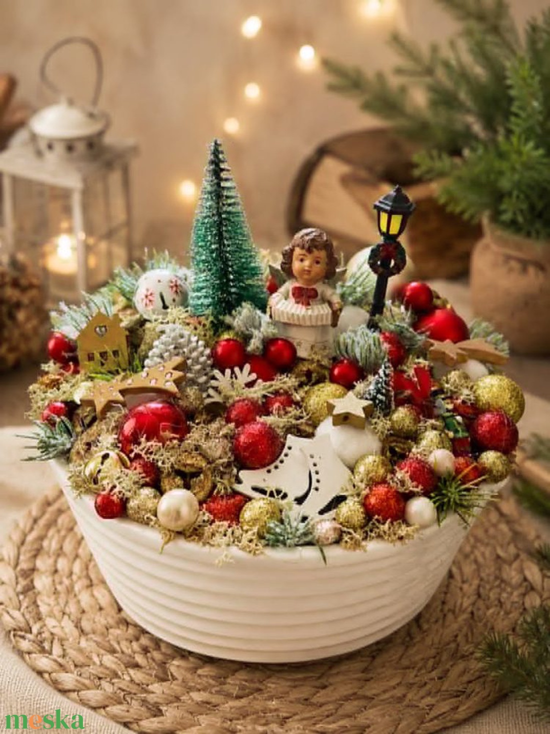 Karácsonyi asztaldísz angyalkával, kerámia tálban � 22 cm - karácsony - adventi díszek - adventi asztaldísz - Meska.hu