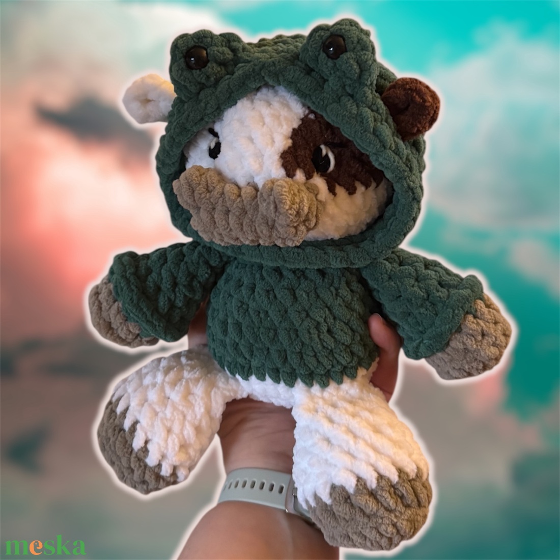 Horgolt tehén béka kapucniban - játék & sport - plüssállat & játékfigura - más figura - Meska.hu