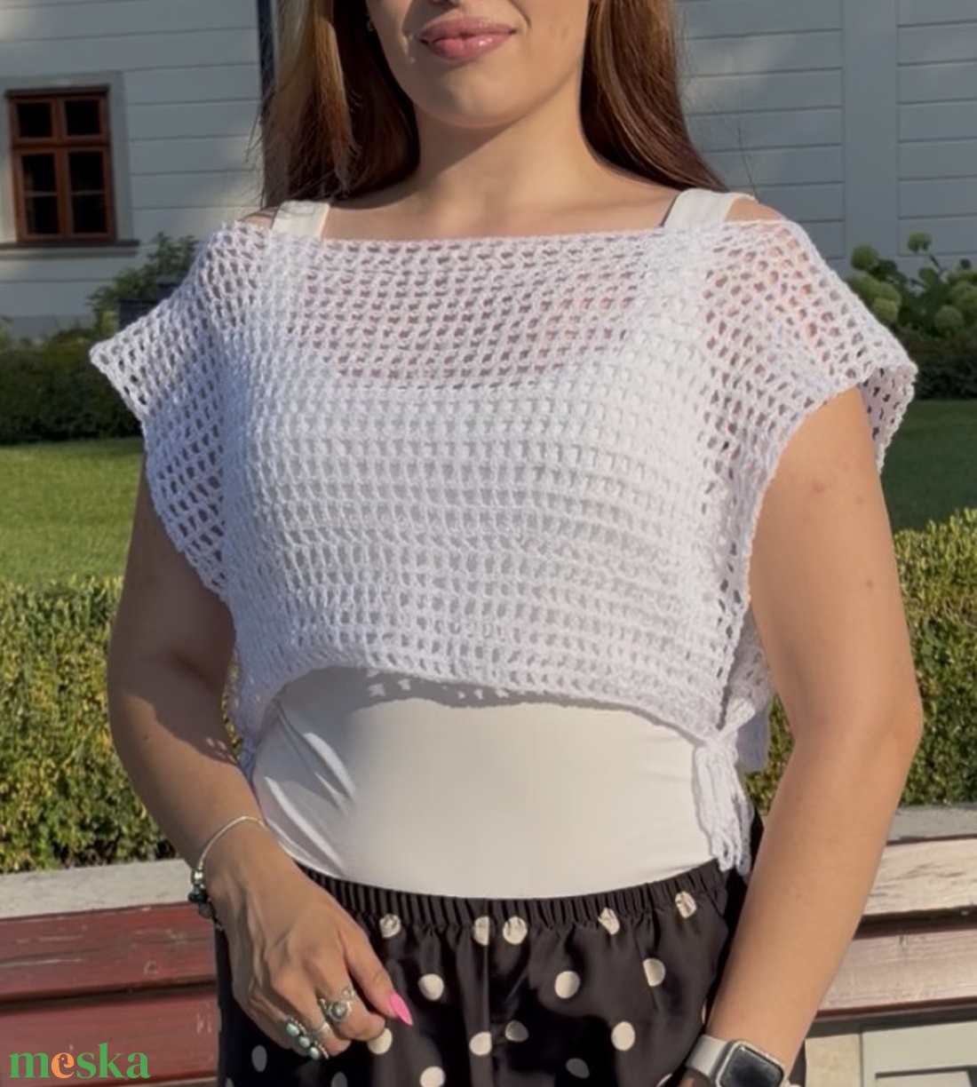 Fehér csillogós horgolt poncsó - ruha & divat - női ruha - póló, felső - Meska.hu