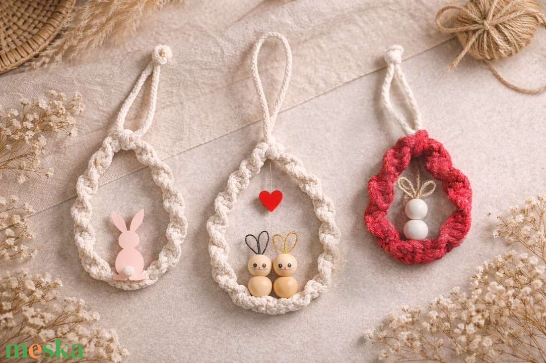 Makramé nyuszis függődísz  - ünnepi díszek, dekorációk - húsvéti díszek és dekorációk - húsvéti ablakdíszek - Meska.hu