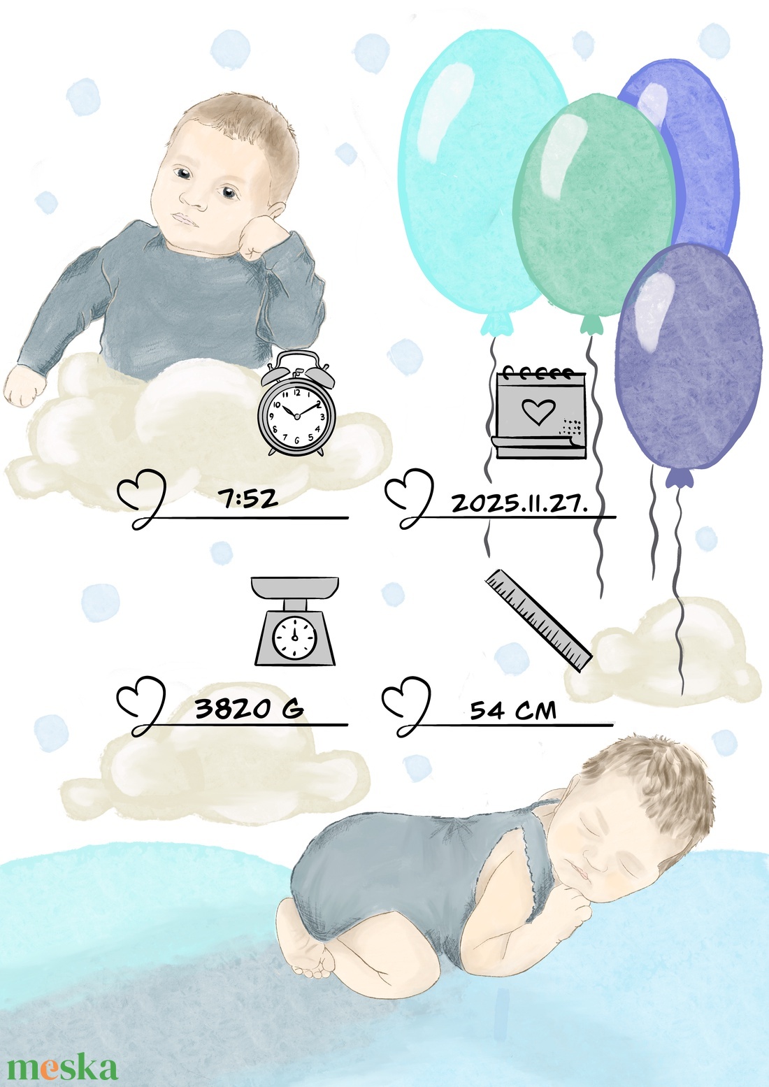 Egyedi babaposzter a baba adataival - személyre szabott illusztráció újszülött ajándék - baba - mama - babaszoba dekoráció - babaposzter - Meska.hu
