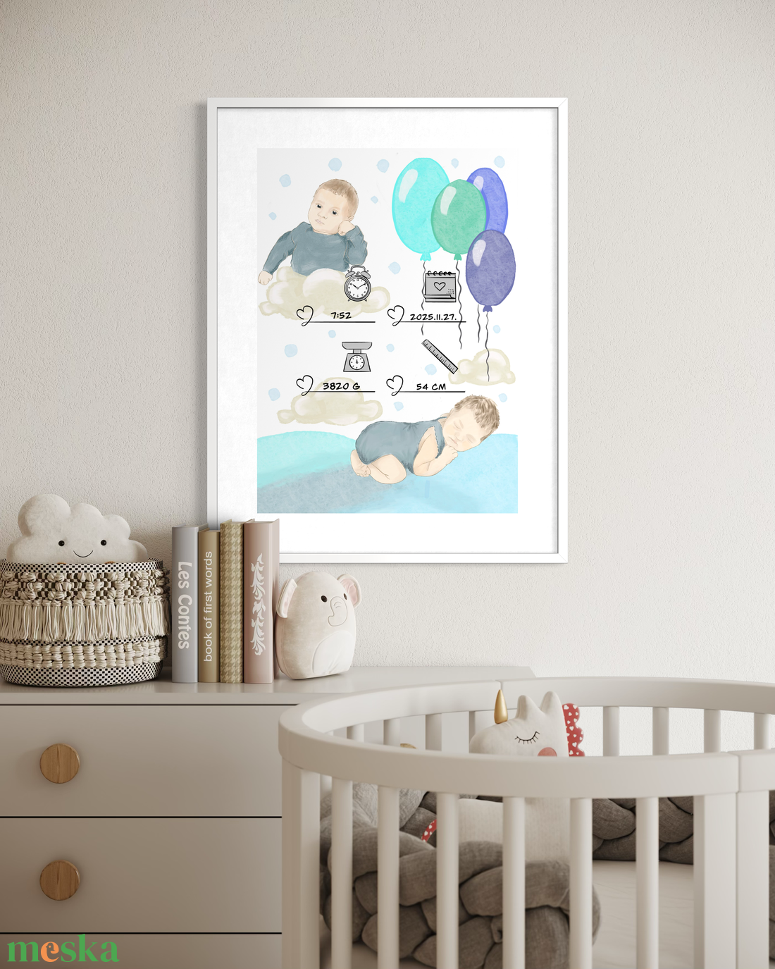 Egyedi babaposzter a baba adataival - személyre szabott illusztráció újszülött ajándék - baba - mama - babaszoba dekoráció - babaposzter - Meska.hu