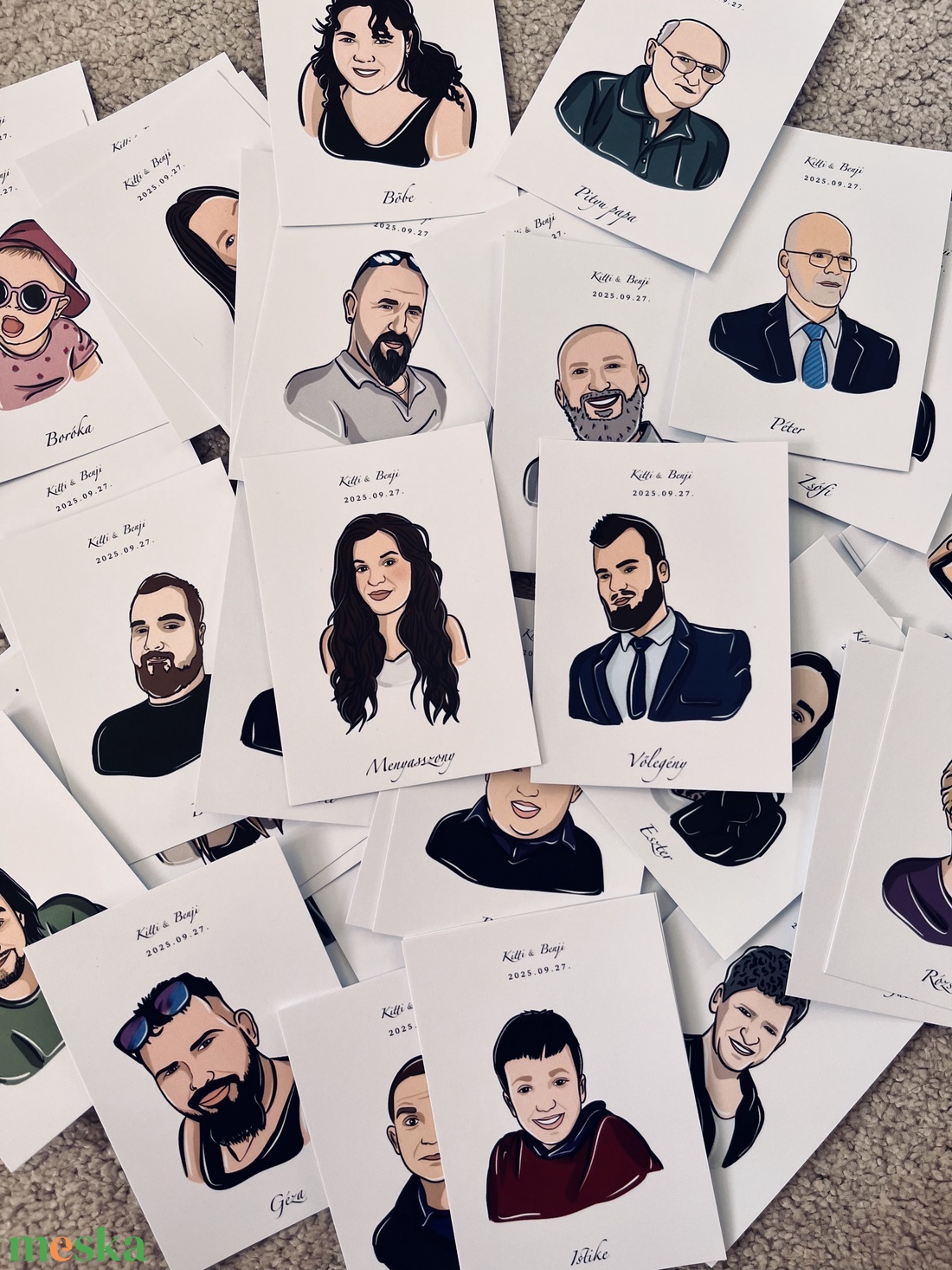 Egyedi, kézzel rajzolt esküvői ültetőkártyák portrékkal - köszönőajándék is egyben a vendégeknek - esküvő - emlék & ajándék - köszönőajándék - Meska.hu