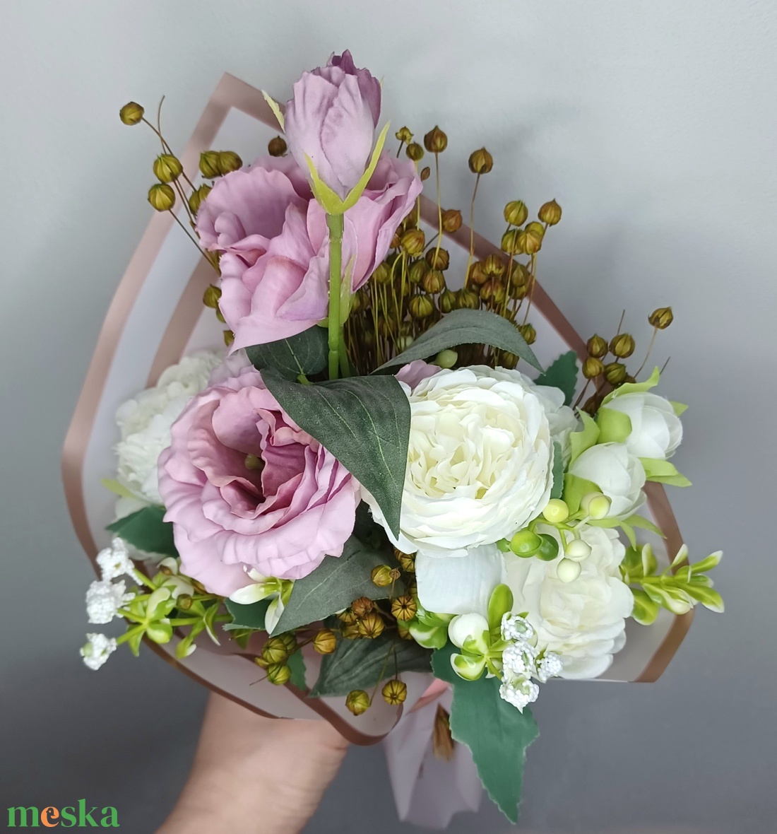 Selyem bazsarózsa és lisianthus örökcsokor - otthon & életmód - dekoráció - virágdísz és tartó - csokor & virágdísz - Meska.hu