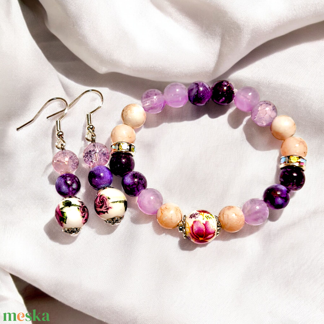 Lila-fehér gyöngy ékszerszett - ékszer - ékszerszett - Meska.hu