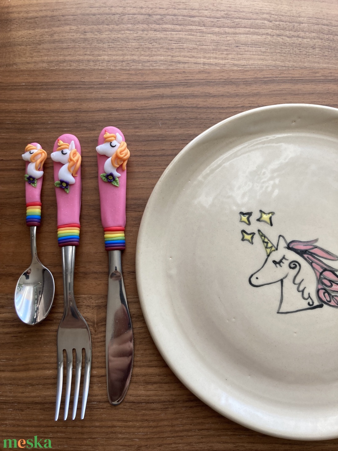 Reggelizős tányér, étkészlet felirattal, rajzzal, evőeszköz készlettel (süthető gyurma evőeszköz vég) - otthon & életmód - konyhafelszerelés, tálalás - tálalás - tányér & étkészlet - Meska.hu