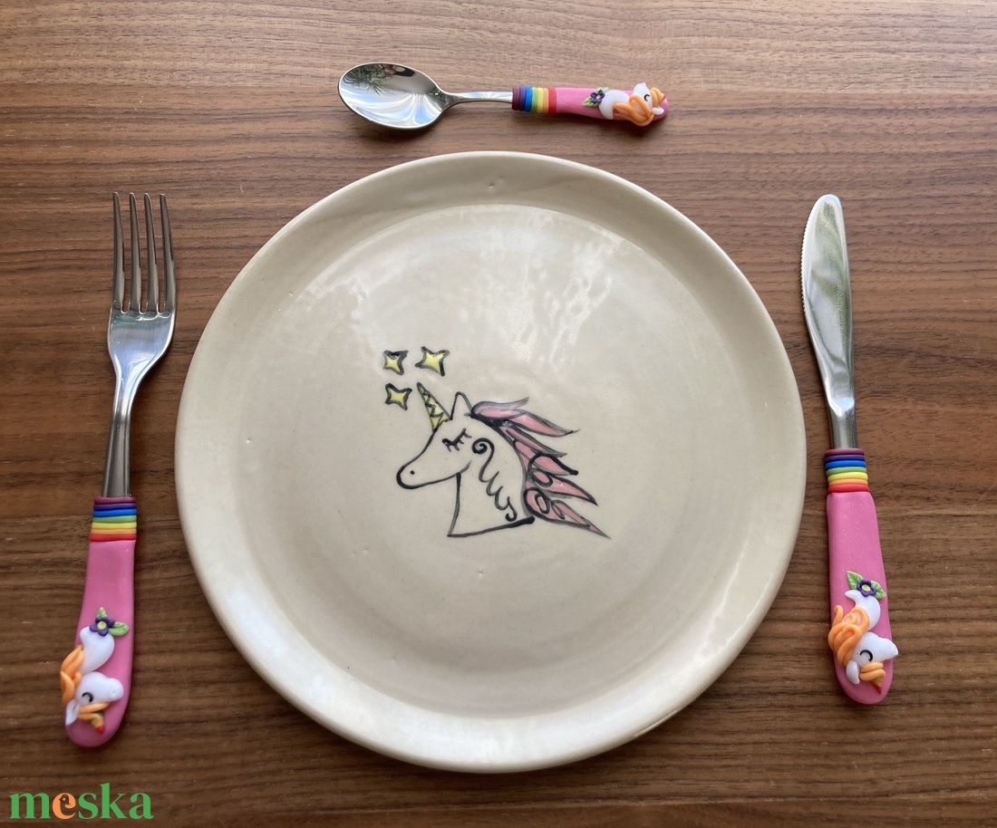 Reggelizős tányér, étkészlet felirattal, rajzzal, evőeszköz készlettel (süthető gyurma evőeszköz vég) - otthon & életmód - konyhafelszerelés, tálalás - tálalás - tányér & étkészlet - Meska.hu
