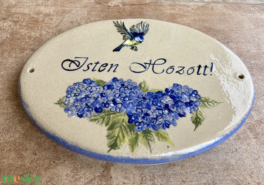 Ovális formájú Isten hozott! tábla hortenziával, cinegével - otthon & életmód - ház & kert - házszám - Meska.hu