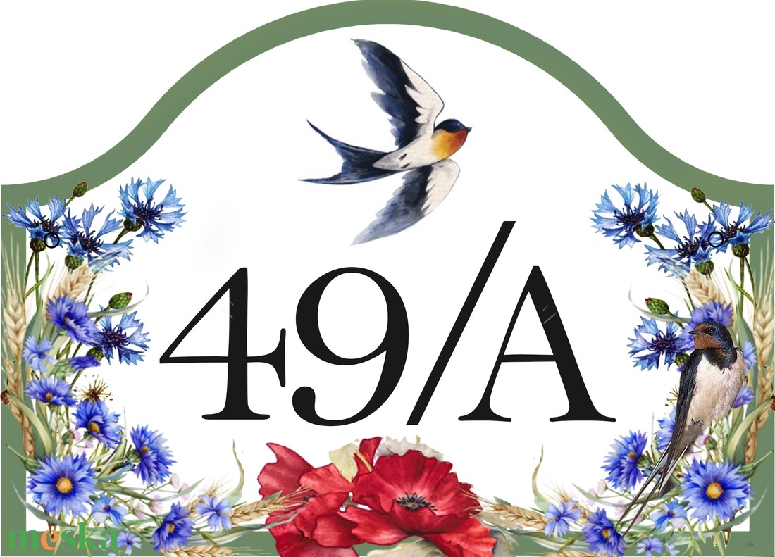 Bajusz formájú házszámtábla mezei virágokkal, fecskékkel - otthon & életmód - ház & kert - házszám - Meska.hu