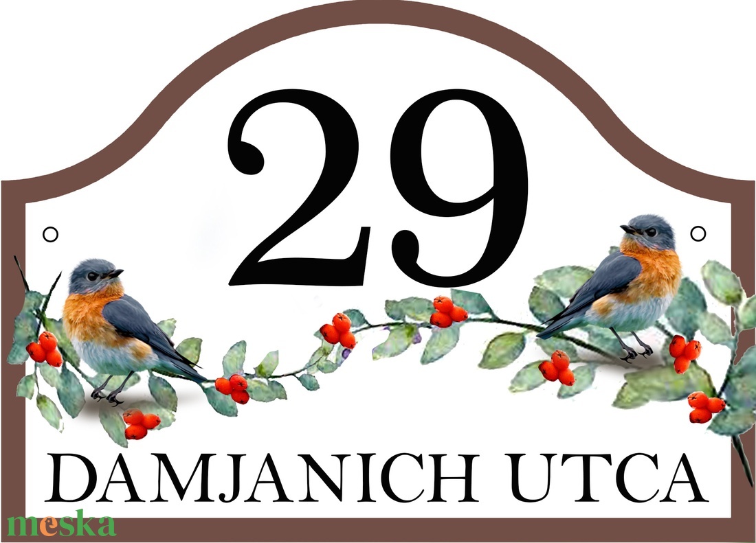 Bajusz formájú házszámtábla vörösbegy párral, bogyós ággal - otthon & életmód - ház & kert - házszám - Meska.hu