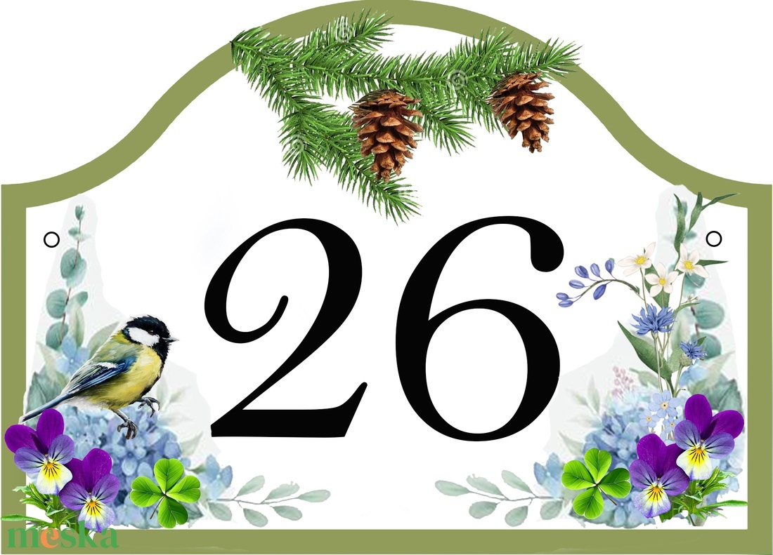 Bajusz formájú házszámtábla rózsával, virágokkal, cinegével - otthon & életmód - ház & kert - házszám - Meska.hu