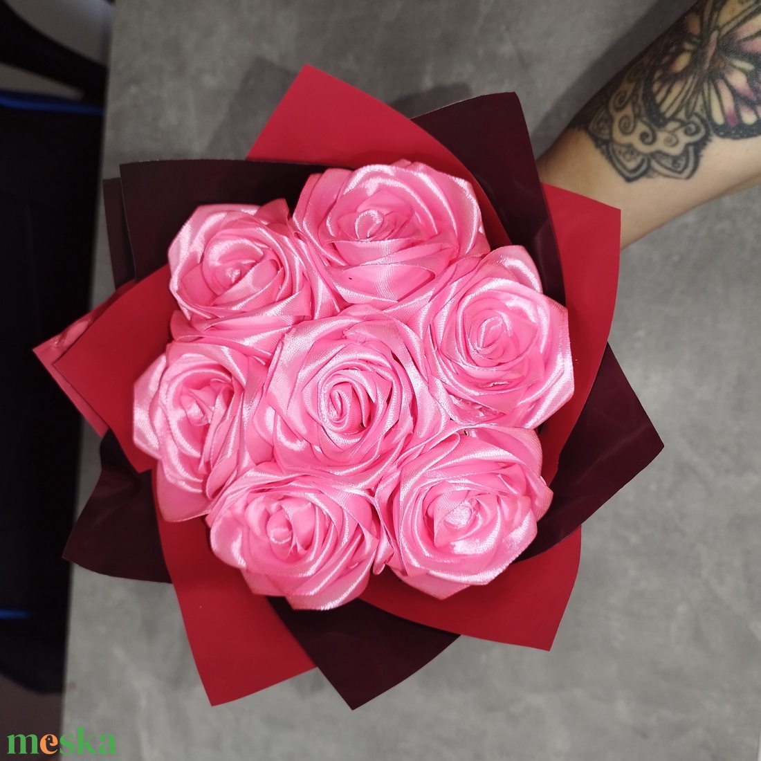 Szatén rózsa csokor  - otthon & életmód - virágdekoráció - virágok - virágcsokor - Meska.hu