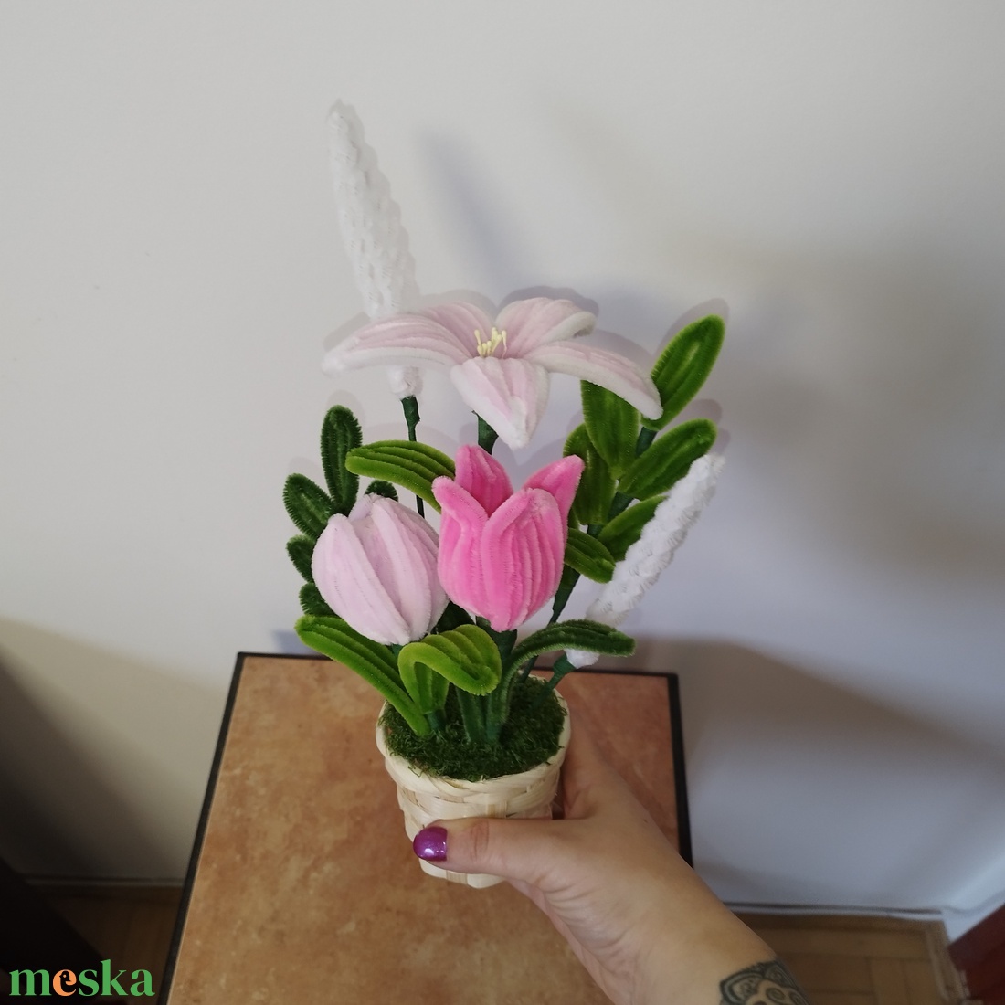 Zsenilia virág kosárban  - otthon & életmód - virágdekoráció - virágdíszek - virágdísz kaspóban - Meska.hu