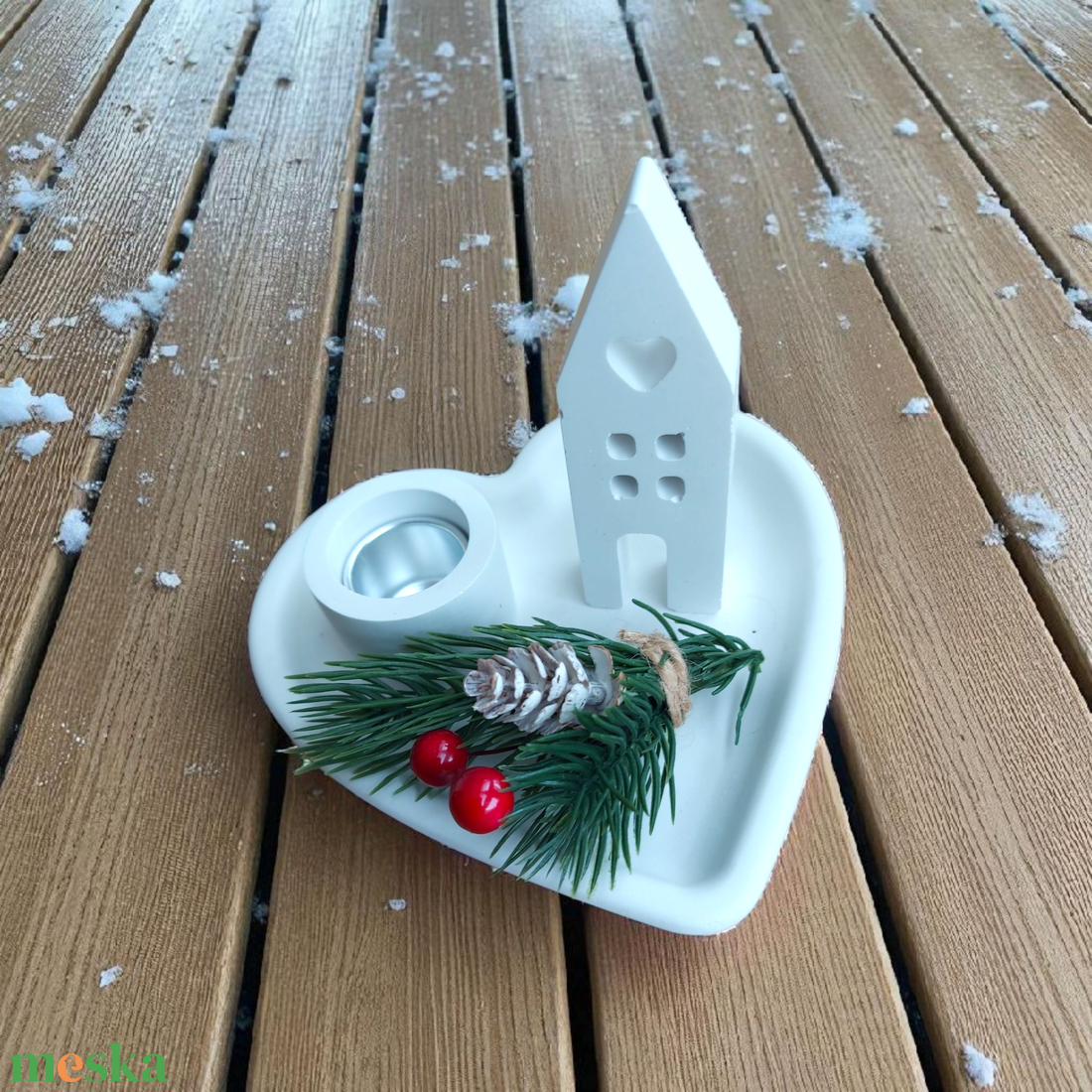 Karácsonyi Szív gyertyatartó házikóval, gyertyával - karácsony - adventi díszek - adventi gyertyadíszek és koszorúdíszek - Meska.hu