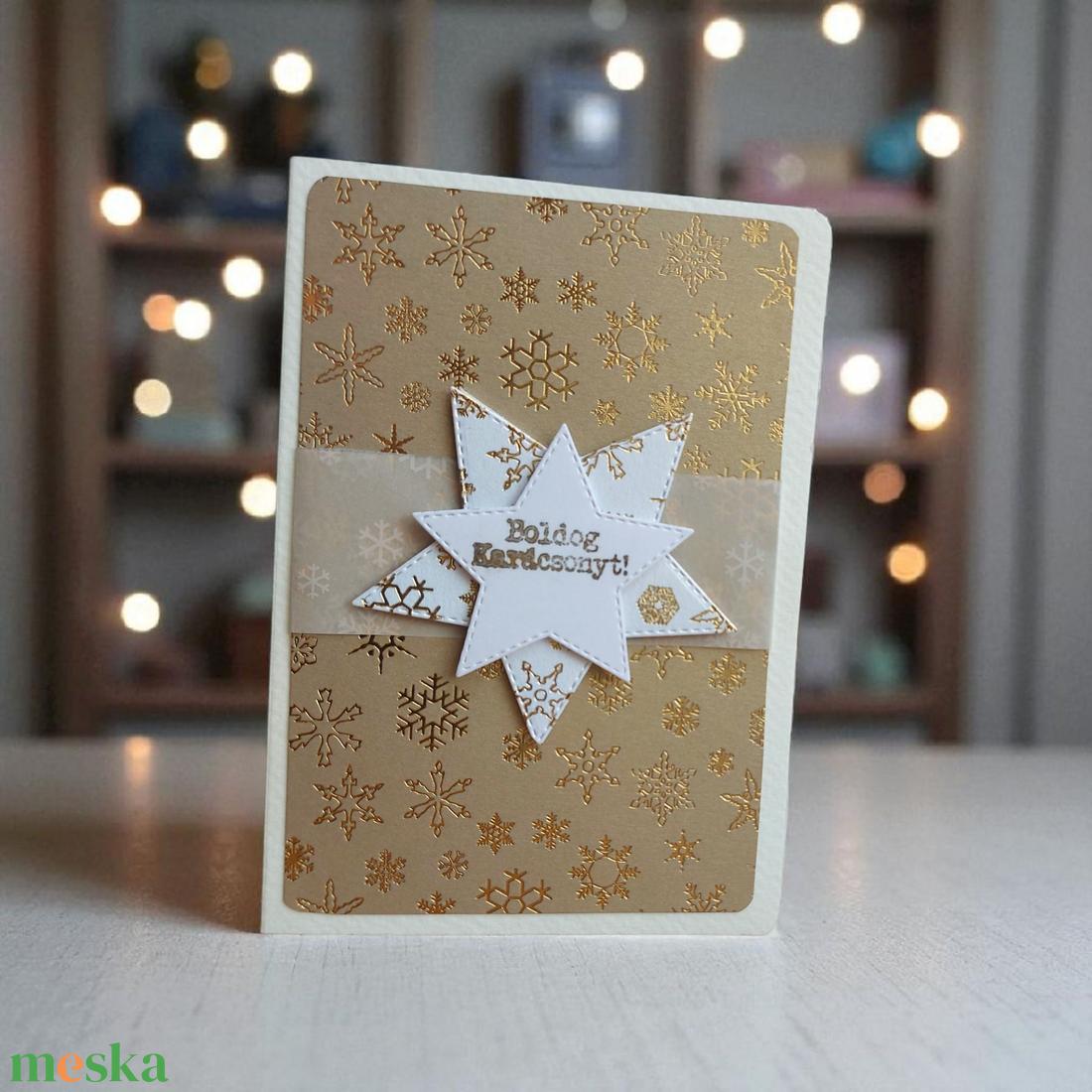 Karácsonyi képeslap - arany hópelyhes - karácsony - karácsonyi ajándékozás - karácsonyi képeslap, üdvözlőlap, ajándékkísérő - Meska.hu