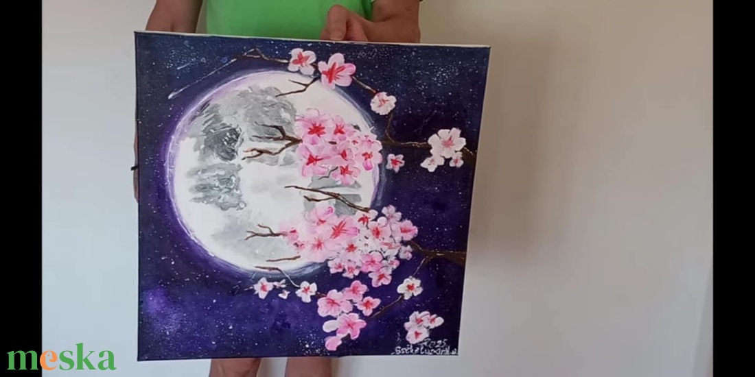 Cseresznye virágok holdfényben 50X50cm - művészet - festmény - olajfestmény - Meska.hu