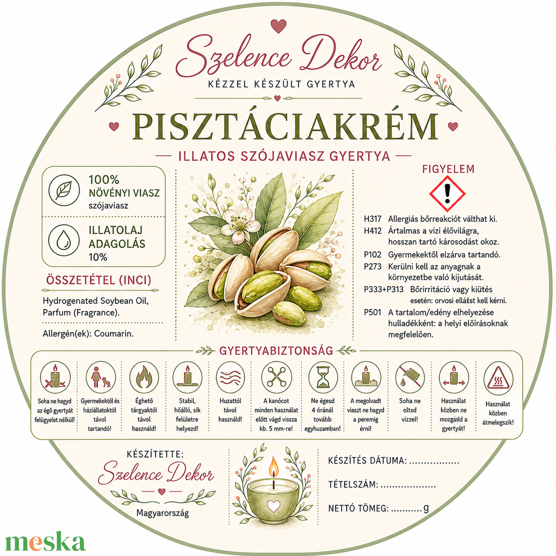 Pisztácia krém illatgyertya kézzel öntött és festett szelencében - karácsony - karácsonyi lakásdekoráció - karácsonyi illatgyertya, mécses - Meska.hu