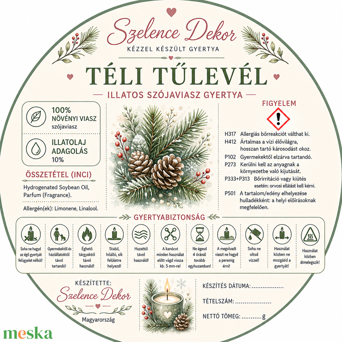 Téli tűlevél illatgyertya kézzel öntött és festett szelencében - karácsony - karácsonyi lakásdekoráció - karácsonyi illatgyertya, mécses - Meska.hu