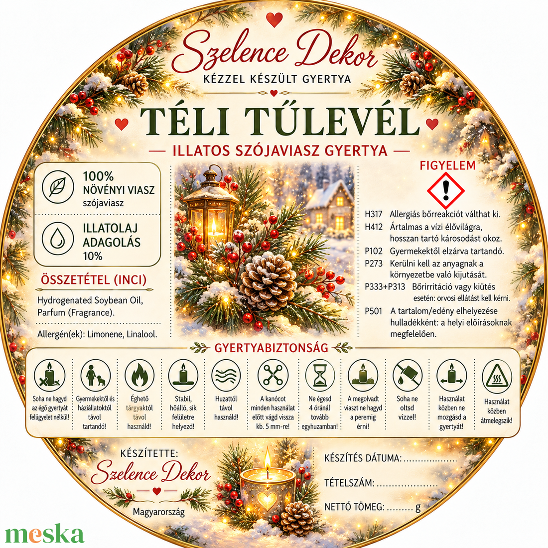 Téli tűlevél illatgyertya kézzel öntött és festett szelencében - karácsony - karácsonyi lakásdekoráció - karácsonyi illatgyertya, mécses - Meska.hu