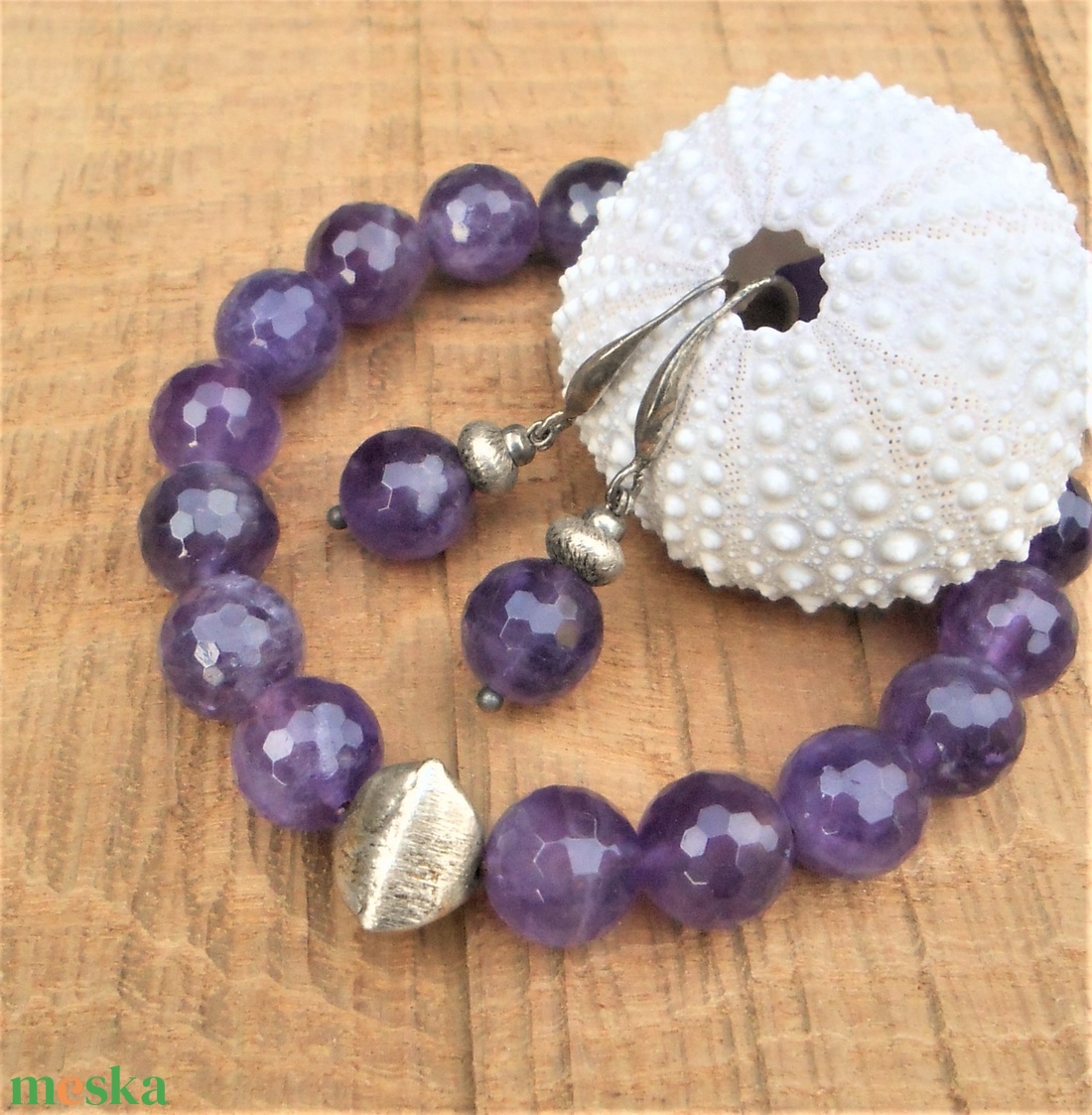 Csiszolt ametiszt karkötő-fülbevaló szett - ékszer - ékszerszett - Meska.hu