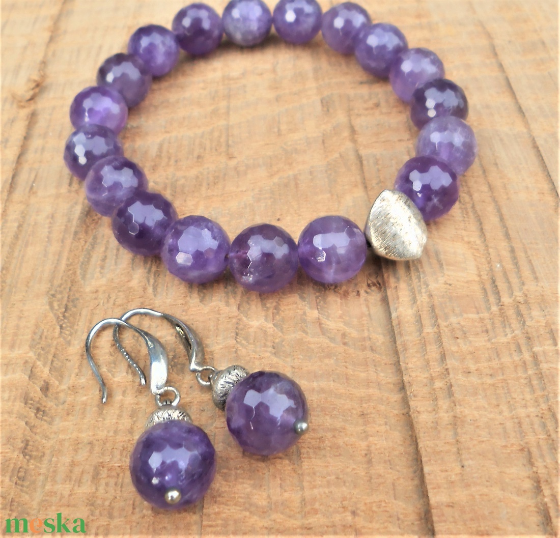 Csiszolt ametiszt karkötő-fülbevaló szett - ékszer - ékszerszett - Meska.hu