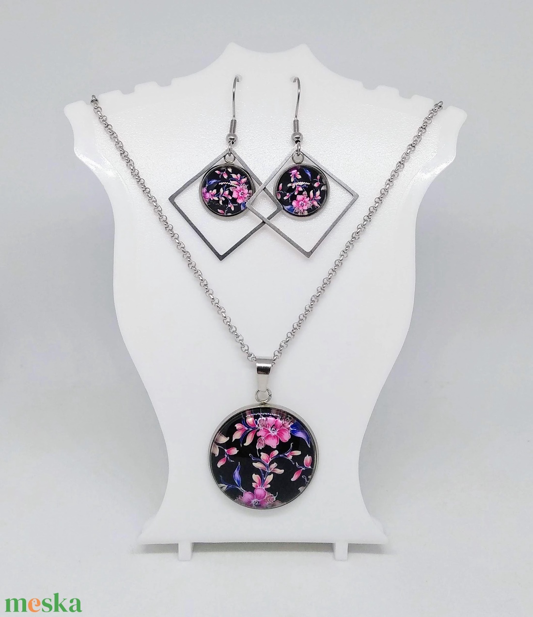 Pink virágos üveg cabochon nyaklánc-fülbevaló szett - ékszer - ékszerszett - Meska.hu