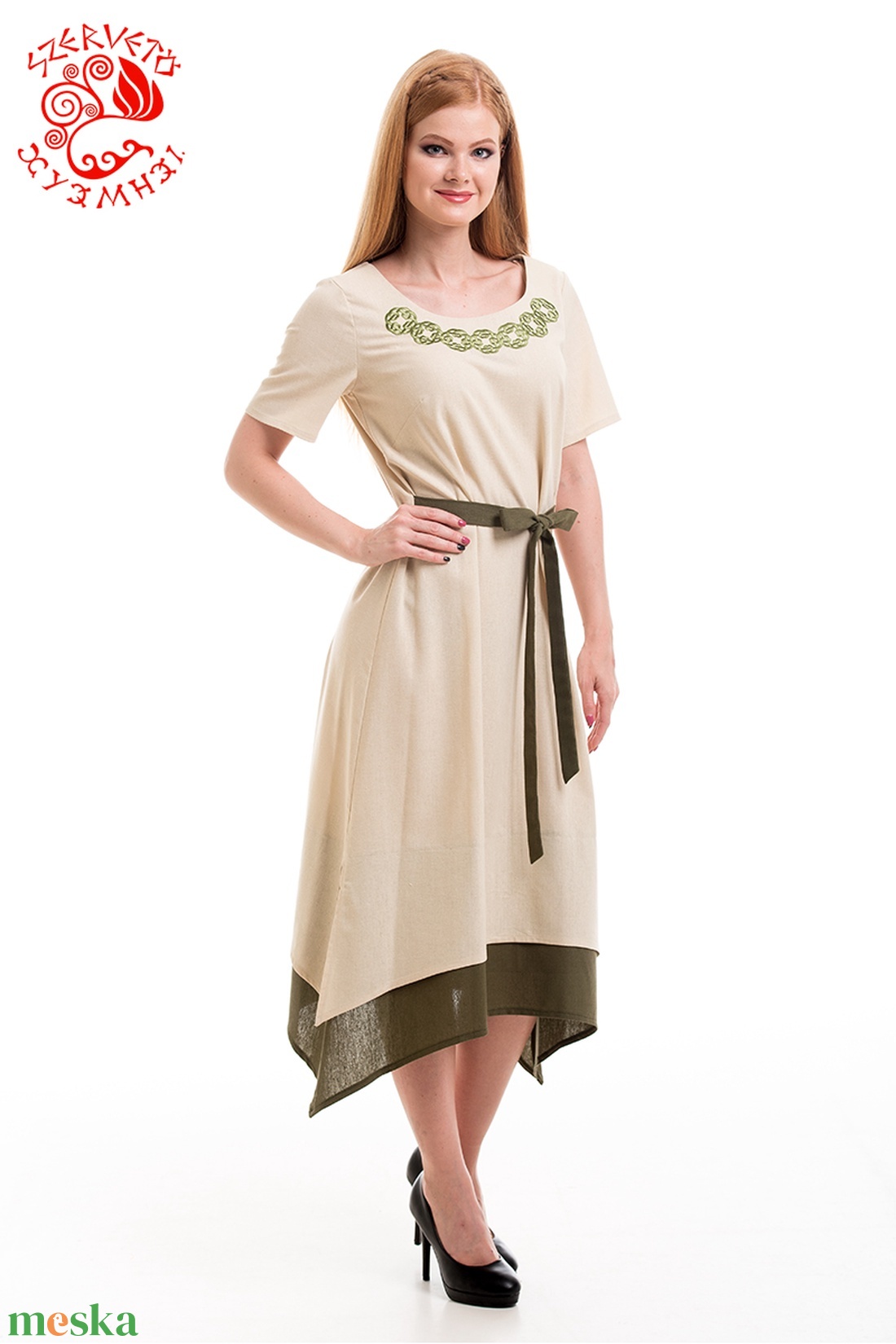 Réka ruha Szervető-végtelen fonat hímzéssel - natúr-zöld - ruha & divat - női ruha - ruha - Meska.hu