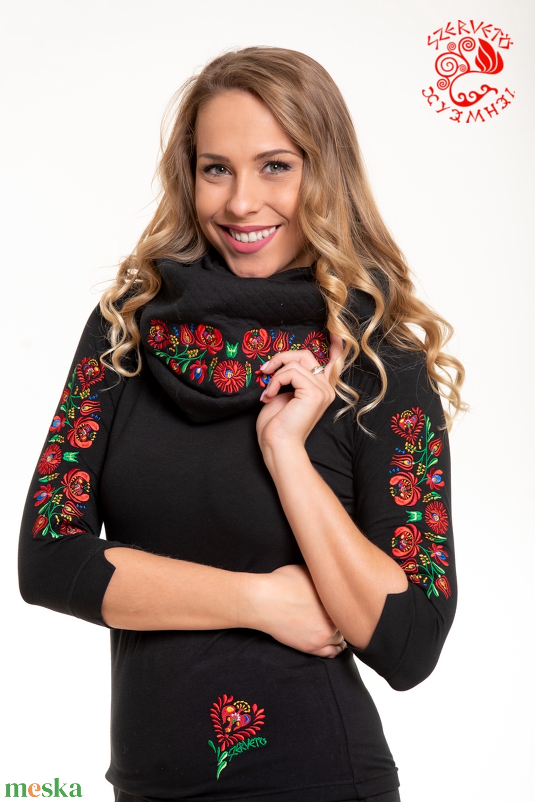 Szervető-matyó csősál - fekete - ruha & divat - sál, sapka, kendő - sál - Meska.hu