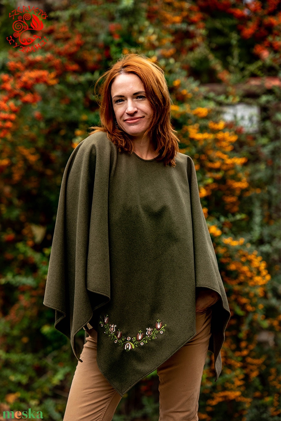 Szervető-jászsági tulipán kámzsa nélüli poncsó - zöld - ruha & divat - női ruha - poncsó - Meska.hu