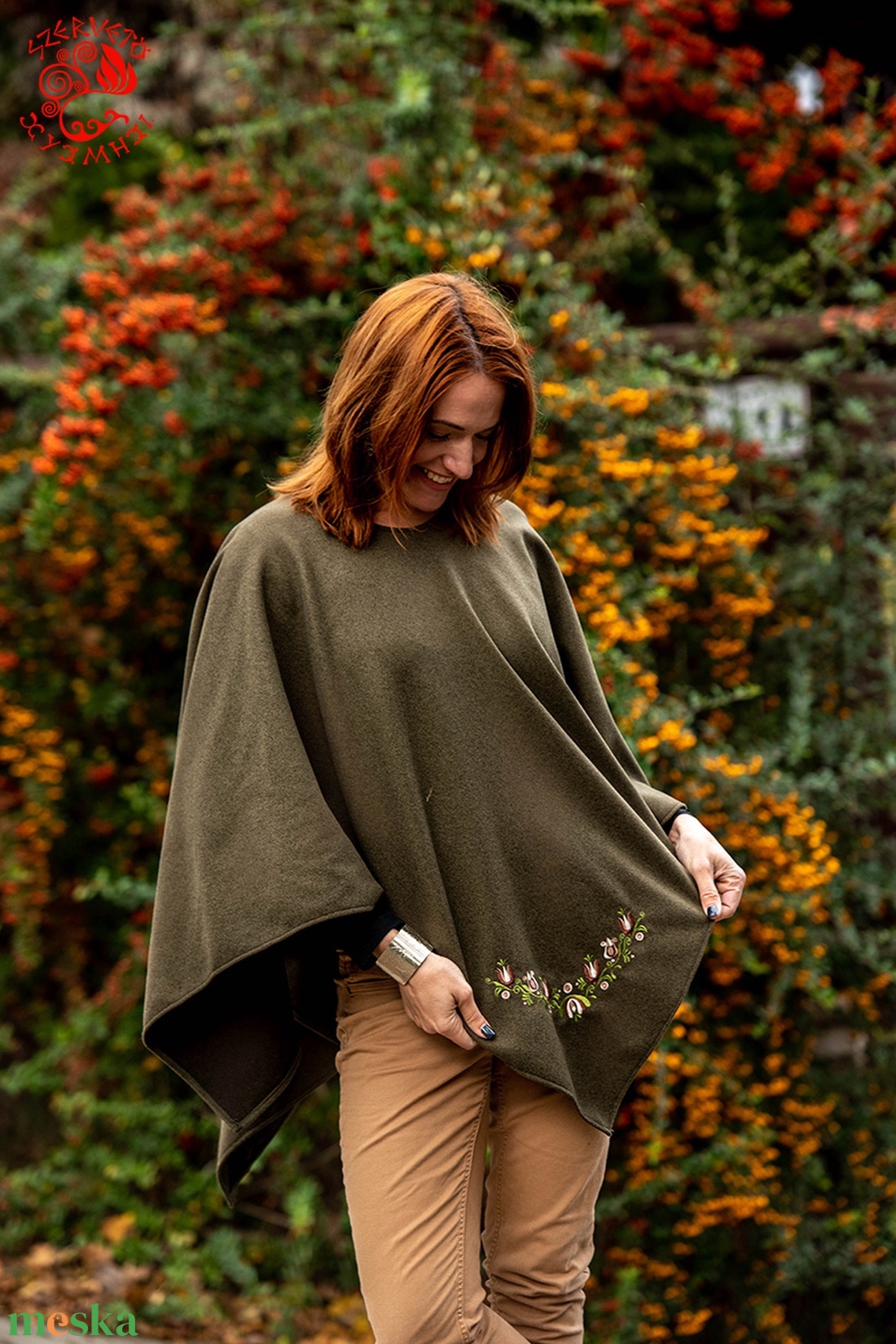 Szervető-jászsági tulipán kámzsa nélüli poncsó - zöld - ruha & divat - női ruha - poncsó - Meska.hu